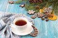 Christmas gingerbread cookies on blue wooden table. Royalty Free Stock Photo