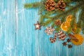 Christmas gingerbread cookies on blue wooden table. Royalty Free Stock Photo