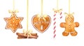 Christmas gingerbread cookies, candy cane and cinnamon sticks hanging border on a white background.