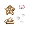 Christmas gingerbread cookies, candy and marshmallow watercolor illustration set. Winter holidays dessert Royalty Free Stock Photo