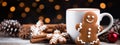 Christmas gingerbread cookies and cup of coffee. Bokeh effect lights background. Generative AI