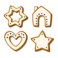 Christmas gingerbread cookies. Festive glazed biscuits in shape of house and heart, star and snowflake. Cartoon Vector