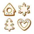 Christmas gingerbread cookies. Festive glazed biscuits in shape of house and heart, tree snowflake. Cartoon Vector