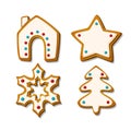 Christmas gingerbread cookies. Festive glazed biscuits in shape of house and tree, star and snowflake. Cartoon Vector