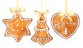 Christmas gingerbread cookies hanging border on a white background. Royalty Free Stock Photo
