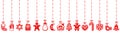 Christmas gingerbread cookies hanging on red ribbons. Seamless border. Vector illustration isolated