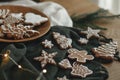 Christmas gingerbread cookies with icing on festive rustic table with decorations, fir branches, golden illumination. Merry Royalty Free Stock Photo