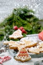 Christmas gingerbread cookies with icing ornate. Xmas decorations, white background.