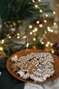 Christmas gingerbread cookies with icing in plate on festive rustic table with decorations, fir branches, golden illumination. Royalty Free Stock Photo