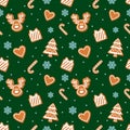 Christmas gingerbread cookies pattern background. Cute cartoons.