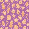 Christmas gingerbread cookies seamless vector pattern. Holiday purple hand drawn background with sugar coating biscuits