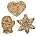 Christmas gingerbread cookies set, mitten snowflake star heart, winter holiday sweet food. Watercolor illustration