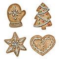 Christmas gingerbread cookies set, mitten snowflake star heart, winter holiday sweet food. Watercolor illustration