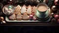 Christmas gingerbread cookies in tray with Christmas snacks: candies, Christmas tree branches. Christmas gingerbread cookies.