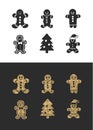Set of cute gingerbread cookies for christmas. Isolated on black and white background. Vector illustration Royalty Free Stock Photo