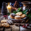 Christmas gingerbread cookies on vintage plate and anise, cinnamon, pine cones, cedar branches with golden lights on rustic table