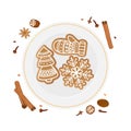 Christmas gingerbread cookies on white circle plate surrounded by spices, anise, cloves, cinnamon, nutmeg. Flat vector