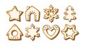 Christmas gingerbread cookies. Winter glazed biscuits in shape of gingerbread house and tree, star and snowflake and