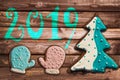 2019, christmas gingerbread cookies on wood greeting card