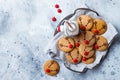 Christmas gingerbread. Decorated red nosed reindeer cookies with milk bottle. Festive homemade decorated sweets. Royalty Free Stock Photo