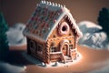 Christmas gingerbread house decorated with white confectionery mastic in the form of snow.