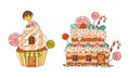 Christmas gingerbread houses decorated with glaze and sweets set. Traditional festive sweet baked dessert cartoon vector Royalty Free Stock Photo