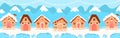 Christmas gingerbread houses web banner for winter holidays, greeting card in cartoon style on blue background Royalty Free Stock Photo