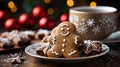 Christmas Gingerbread Man Cookies on a Small Plate amongst the Decorations. Generative AI Royalty Free Stock Photo