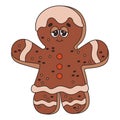 Christmas gingerbread man girl. Funny retro cartoon character in trendy groovy style. Festive traditional baking sweet food. Merry Royalty Free Stock Photo