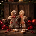 Christmas gingerbread man on a wood table with red balls