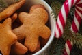 Christmas gingerbread men and stars, cookies in a white bowl, close up Royalty Free Stock Photo