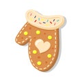 Christmas gingerbread mitten with heart. New Year decorative glazed cookie.