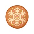 Christmas gingerbread round cookie, biscuit of circle shape with snowflake icing ornament