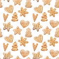Christmas gingerbread seamless pattern. Ginger cookies on blue background. Watercolor illustration. Cute Xmas background for wallp