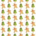 Christmas gingerbread seamless pattern. Ginger man. Ginger biscuits and a Christmas tree on a white background. Watercolor Royalty Free Stock Photo