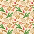 Christmas gingerbread watercolor seamless pattern. Cozy winter wrapping, fabric