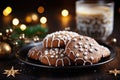Christmas gingerbread with white patterns on a plate.