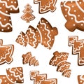 Christmas gingerbread. Xmas tree cookie. Decorated white icing. Isolated on white background. Holiday seamless illustration