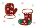 Christmas gingerbreads. Ginger cookie mitten and sock isolated. Traditional baked homemade biscuit. Vector illustration Royalty Free Stock Photo