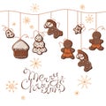 Christmas gingerbreads hanging on beads Royalty Free Stock Photo