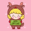 Christmas girl fancy dress reindeer cartoon. X mas card