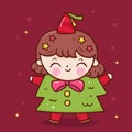Christmas girl fancy dress x mas tree. Happy new year kids kawaii vector