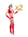 Christmas girl holding gold twice sign Royalty Free Stock Photo