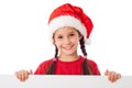 Christmas girl standing with empty banner Royalty Free Stock Photo