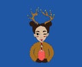 christmas girl with two bunches on her head and deer horns with a garland Royalty Free Stock Photo
