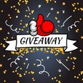 Christmas Giveaway. Handwritten modern lettering with golden confetti and Santa thumb up on black background