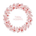 Christmas glamorous pink wreath of holly with red and pink berries, frame of holly and pine sprigs