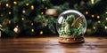 Christmas glass ball with a dragon inside on a wooden table against the background of a Christmas tree. Generative AI Royalty Free Stock Photo