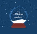 Christmas glass ball with greeting text inside on a dark blue snowy background. Vector flat illustration Royalty Free Stock Photo