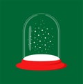 Christmas glass ball with a red pedestal and snowfall inside on a green background. Flat vector illustration